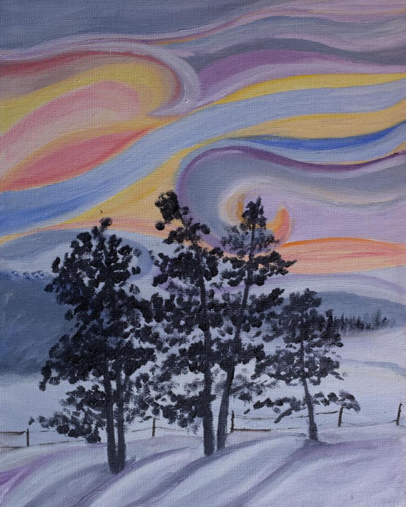 Winter Sunset, Innescroft, Oxford County. Oil on canvas panel, 8 x 10"