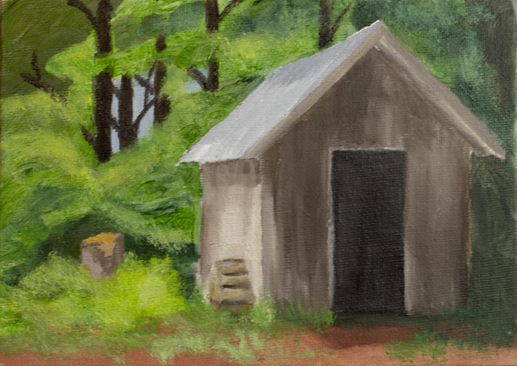 The Woodshed, Innescroft, Oxford County. Oil on canvas panel, 5 x 7"