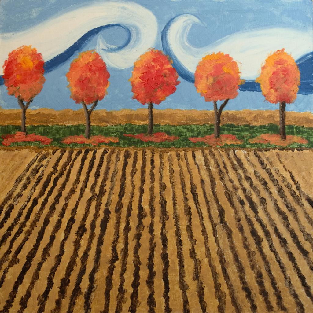 Autumn Fields, Oxford County. Oil and cold wax on panel, 10 x 10"