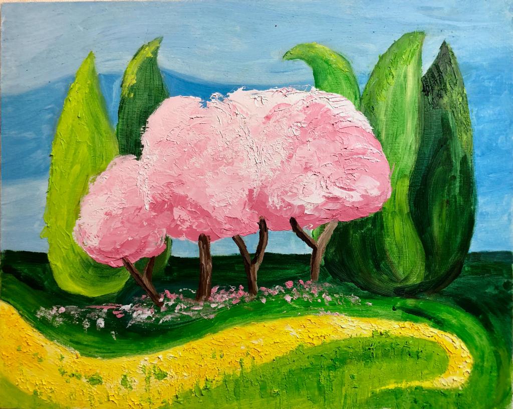 Cherry Blossoms and Daffodils (Brock University, Niagara). Oil and cold wax on panel, 8 x 10"
